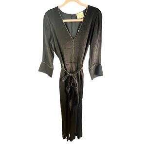 Nürode Textured Black V-Neck Jumpsuit Contrast Piping Pockets Tie Waist L NWT